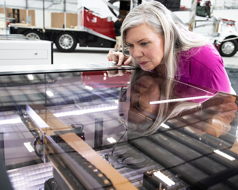 Close up of participant looking into the laser from the top, through the glass